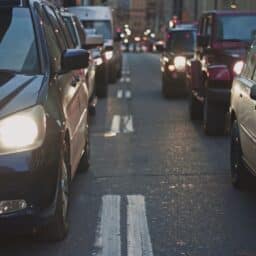 Traffic piled up on a city road.