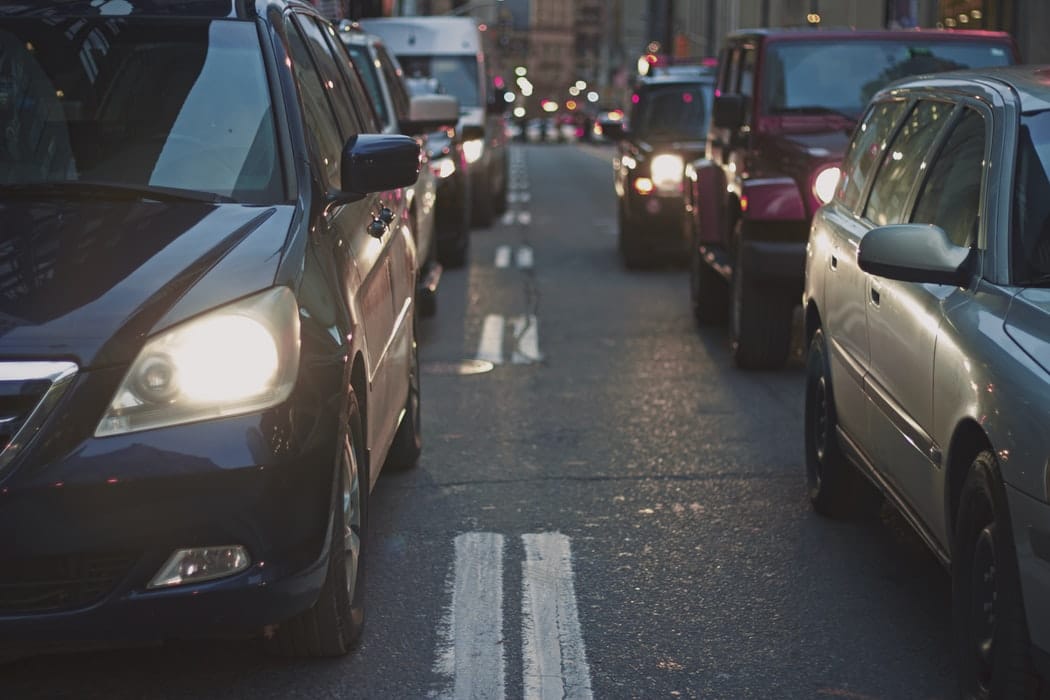 Traffic piled up on a city road.