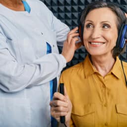 Happy woman having her hearing tested