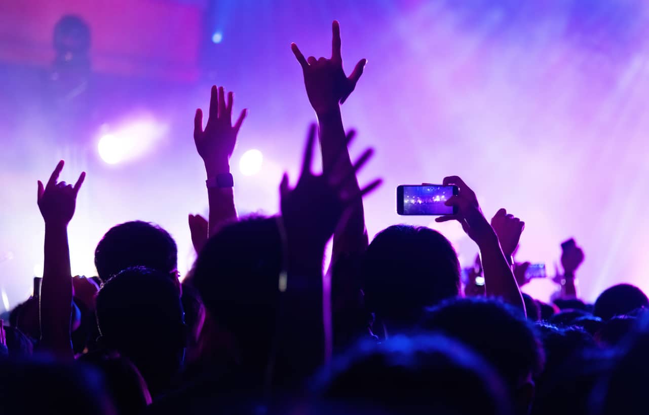 Large group of people enjoying at music festival.